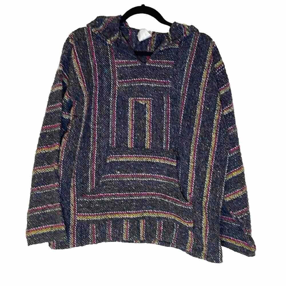 Vintage 90's Franks Textiles Baja hoodie Size medium gray stripe Hippie Boho